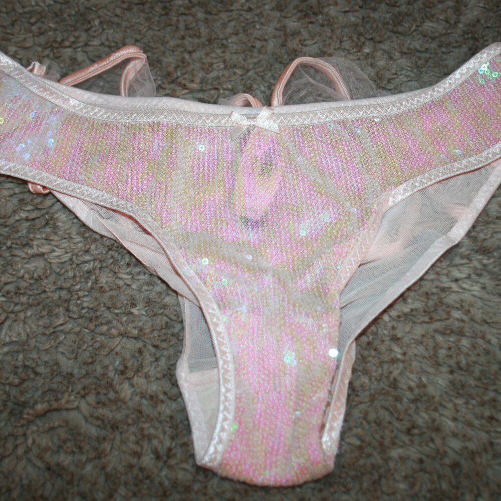 Victoria's Secret Sexy Cheekini Ruffled Sequins Panty Small Pink Sheer Pole